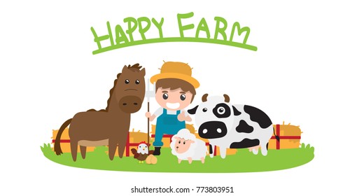 Animal farm and farm boy. cute animal happiness in the farm.