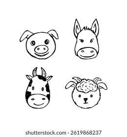 Desenho animado de fazenda animal vetor rosto bonito desenhado à mão, porco, burro, vaca e ovelha.