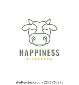 ganado ganadero ganado vacuno gordo vacas cabeza leche carne sonrisa linda mascota línea de dibujos animados logo diseño vector