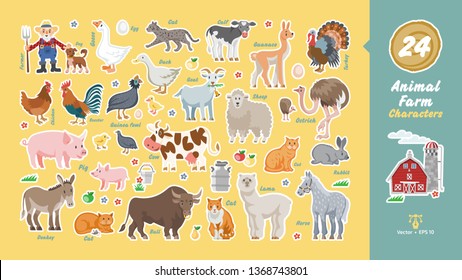 Animal farm characters set with farmer, dog, barn, cow, sheep, donkey, pig, chicken, rooster, duck, turkey, goat, bull, calf, ostrich, rabbits, cats, goose, lama, horse, guinea fowl funny collection.