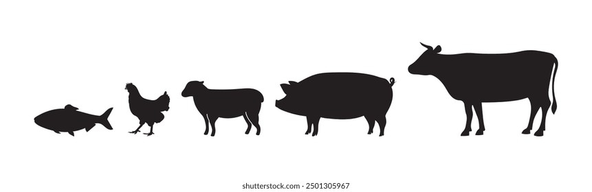 animal in farm chicken fish pig sheep cow black vector design