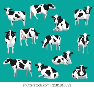 Animal Farm Cow Holstein Friesian Poses Cute Cartoon Vector Illustration