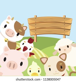 Animal Farm cow, pig, sheep, duck , chicken and dog with sign and hills background