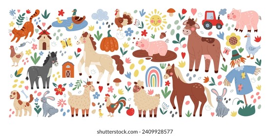 Animal farm cute. Cartoon cow, sheep and goat, horse and pig. Domestic birds, chicken and hen. Leaves flowers, childish birthday decor, spring garden, countryside agriculture. Vector eco illustration