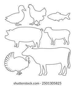 animal in farm duck chicken fish pig sheep turkey cow outline vector design