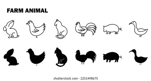 Animal farm illustration icon set. Contains illustrations of animal icons rabbit, chicken, cat, pig, duck. Simple vector design editable