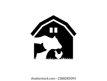 animal farm logo, cow pig chicken and cattle pen combination design vector illustration