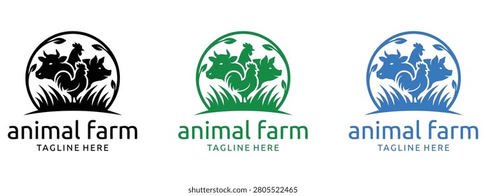 Animal farm logo design featuring cow chicken and pig silhouettes with grass for agriculture