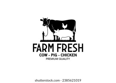 Animal farm logo design, vector illustration of rural animal farming logo, cows, pigs and chickens