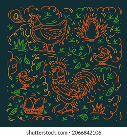 Animal farm pattern with chicken. The background is an agricultural line with a bird, eggs, chicken, rooster. Livestock backing doodle for the farm. Vector illustration