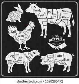 Animal farm set. Cut of beef, pork, lamb, chicken. Poster Butchers for groceries, meat stores, butcher shop, farmer market. Cow, pig, sheep and chicken silhouette.