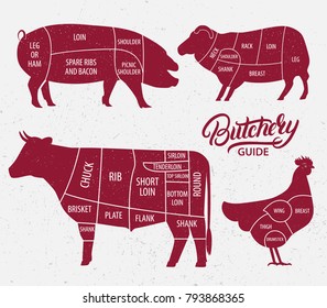 Animal farm set. Cut of beef, pork, lamb, chicken. Poster Butchers diagram for groceries, meat stores, butcher shop, farmer market. Cow, pig, sheep and chicken silhouette. Vector illustration.