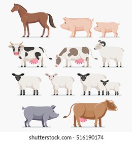 Animal farm set. The horse pig cow goat and sheep. Vector illustration flat design.