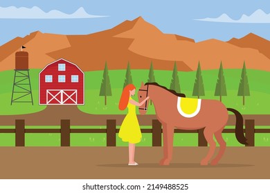 Animal farm vector concept. Young woman taking care a horse in the farm