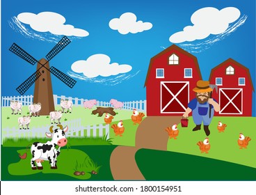 Animal and farmer cow pig and chicken barn and windmill with farmer  the weather’s fine  vector illustration