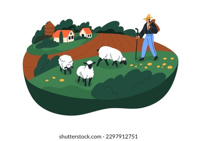 Animal farmer, man shepherd, sheep breeder at livestock farm. Rural country landscape, pasture with herdsman and ewes grazing at countryside. Flat vector illustration isolated on white background