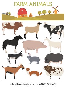 Animal farming, livestock. Cattle, pig, goat, ship, horse, donkey, rabbit, fur  icon set isolated on white. Flat design. Vector illustration