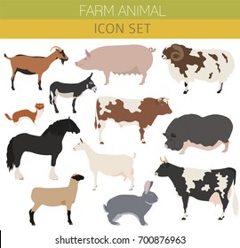 Animal farming, livestock. Cattle, pig, goat, ship, horse, donkey, rabbit, fur  icon set isolated on white. Flat design. Vector illustration
