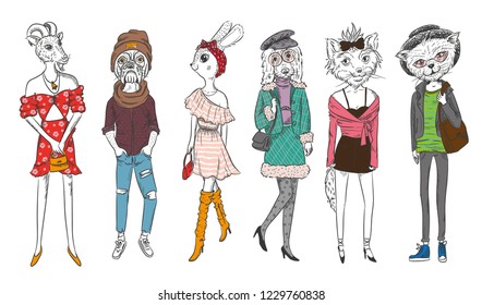animal fashion. dog, hare, cat, fox. clothing trend, vector