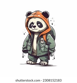 Animal Fashion Icon Concept. Cute Panda Wearing Jacket Cartoon Vector Icon Illustration.  Flat Cartoon Style