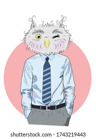 animal fashion illustration, anthropomorphic design, furry art, hand drawn illustration of an owl boy in a shirt and trousers, with a tie, businessman