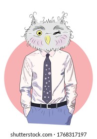 animal fashion illustration, anthropomorphic design, furry art, hand drawn illustration of an owl boy in a shirt and trousers, with a tie, businessman