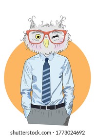 animal fashion illustration, anthropomorphic design, furry art, hand drawn illustration of an owl boy in a shirt and trousers, with a tie, businessman