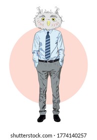 animal fashion illustration, anthropomorphic design, furry art, hand drawn illustration of an owl boy in a shirt and trousers, with a tie, businessman