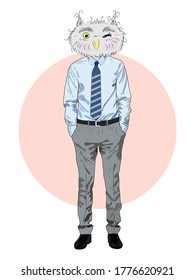 animal fashion illustration, anthropomorphic design, furry art, hand drawn illustration of an owl boy in a shirt and trousers, with a tie, businessman