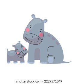 Animal fat hippo mom and baby, cute cartoon family. Vector illustration of animal happy parent and small child. Motherhood concept