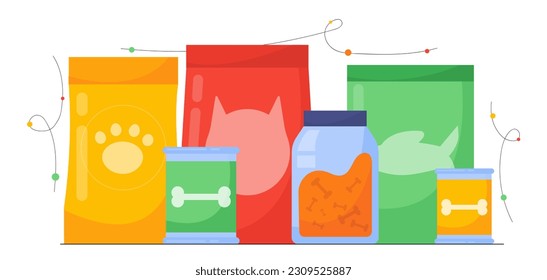 Animal feed concept. Multicolored bags with silhouettes of fish, cat and dog. Pet shop products. Food for pets, compound and dry feed. Cartoon flat vector collection isolated on white background