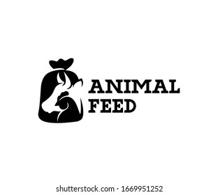 Animal Feed And Pet Food, Cow, Chicken In Burlap Pouch Sack Bag, Logo Design. Food For Cattle, Livestock, Farm, Vector Design And Illustration