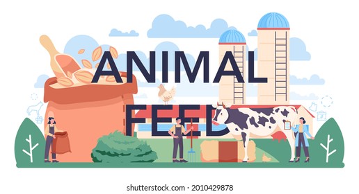 Animal feed typographic header. Fodder industry production for pet production. Dog and cat bowl and food package. Meal for farm and domestic animal. Isolated flat vector illustration