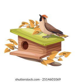 Alimentador de animales con pájaro de dibujos animados sentado en el techo verde inclinado. Divertida casa de artesanía de madera retro y hojas de otoño amarillo en la rama del árbol, mascota de cuidado de aves, Ilustración vectorial de pajarera Pequeña de dibujos animados