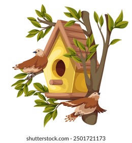 Alimentador de animales con pájaros de dibujos animados que vuelan y se sientan en la rama del árbol. Divertida construcción retro del jardín de verano para anidar y alimentar al pájaro, mascota de la casa de pájaros, Ilustración vectorial de madera del alimentador de pájaros de la historieta