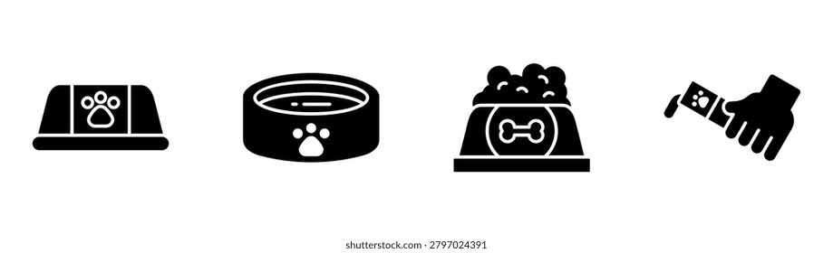 Animal Feeding Icon Set Showcasing Food Bowl Water Bowl Pet Mealtime and Treat Reward Activities