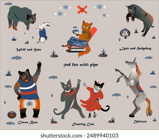 Animal figures in costumes and different angles