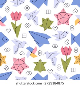 Figuras de animales hechas de papel de colores. Patrón de origami sin fisuras. Juguete de artesanía. Papelería poligonal asiática. Formas japonesas. Paloma creativa, pájaro y flor. Impresión repetida. Afición oriental. Vector de fondo