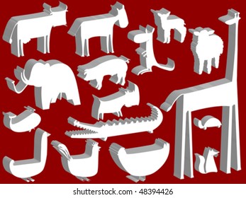 animal figurines over red background, abstract vector art illustration