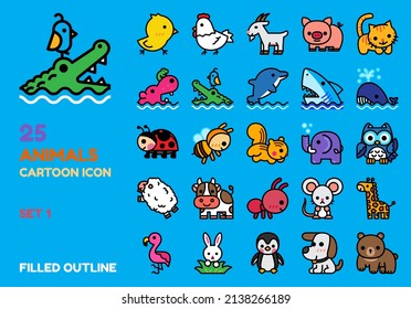 Animal filled outline icon vector set. Cute cartoon design illustration line art for decoration,brochure,education,banner,website,media,etc.