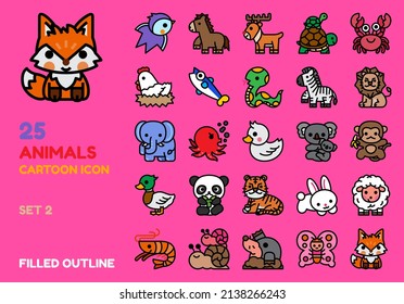 Animal filled outline icon vector set. Cute cartoon design illustration line art for decoration,brochure,banner,website,media,education,etc.