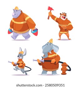 Animal firefighters. Cute zoo characters in rescue professional equipment exact vector firefighters illustrations