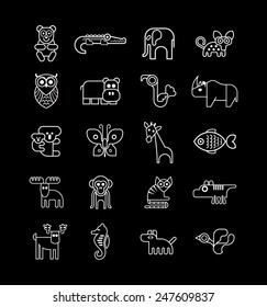 Animal, Fish and Bird vector icon set. Isolated on black background. 