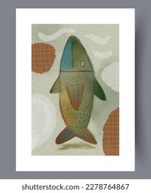 Animal fish underwater world wall art print. Wall artwork for interior design. Contemporary decorative background with world. Printable minimal abstract fish poster.