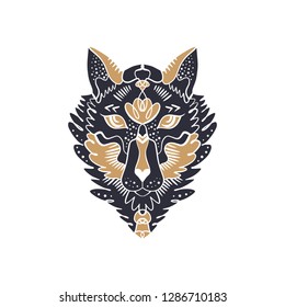 Animal flash tattoo. Beautiful totem wolf or fox, boho hippie northen style, sticker. Antistress art. Good for t-shirts design, bags, phone cases, room posters, postcard and web