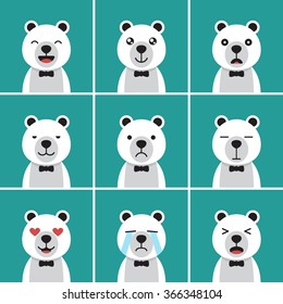 Animal flat design, Emotion, Arctic bear face with cyan background.