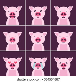 Animal flat design, Emotion, Pig face with purple background.