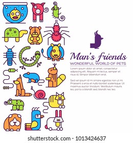 Animal flat thin line illustration icons set. Outline cute home pets on isolated background. Different collection domestic wildlife objects concept design 