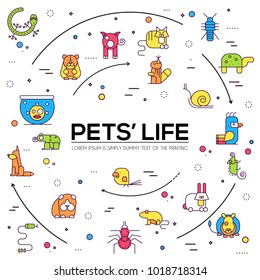 Animal flat thin line illustration icons circle set. Outline cute home pets on isolated background. Different collection domestic wildlife objects concept design 