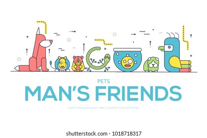 Animal flat thin line illustration icons set. Outline cute home pets on isolated background. Different collection domestic wildlife objects concept design 